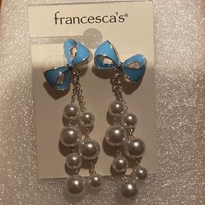 NWT Francesca's Collections Silver Toned Blue Bow Faux Pearl Earrings